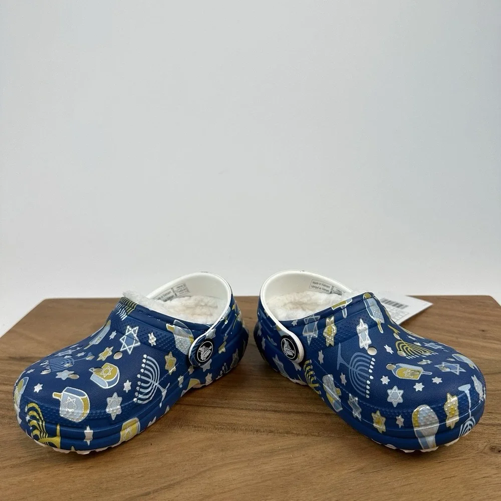 New Little Kids Crocs Classic Lined‎ Blue Hanukkah Clogs Shoes Sandals Size 7 C